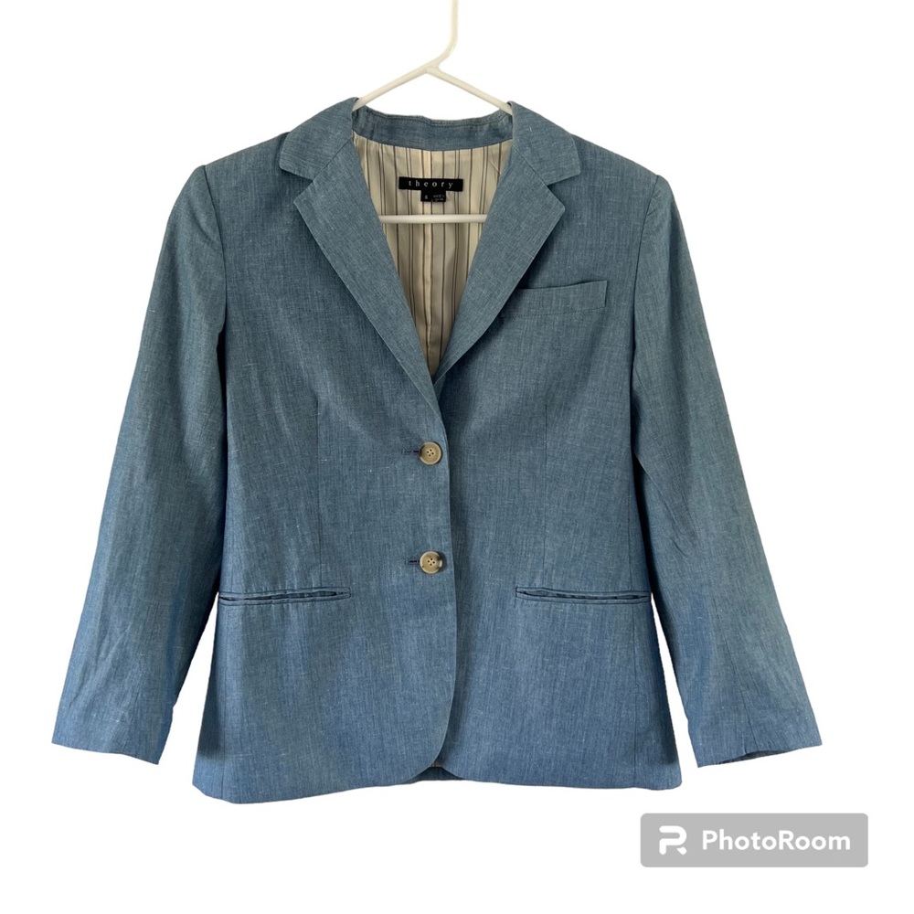 Theory blue fitted blazer,size 6,Spring/Summer, Casual/work/wedding, linen/cott
